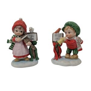 2 Vintage Lefton Christmas Caroler Figurines Boy Girl Violin Horn 03644